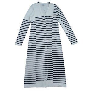 CAbi Striped Long Cardigan Sweater White Navy Blue Open Front XS Cotton Blend